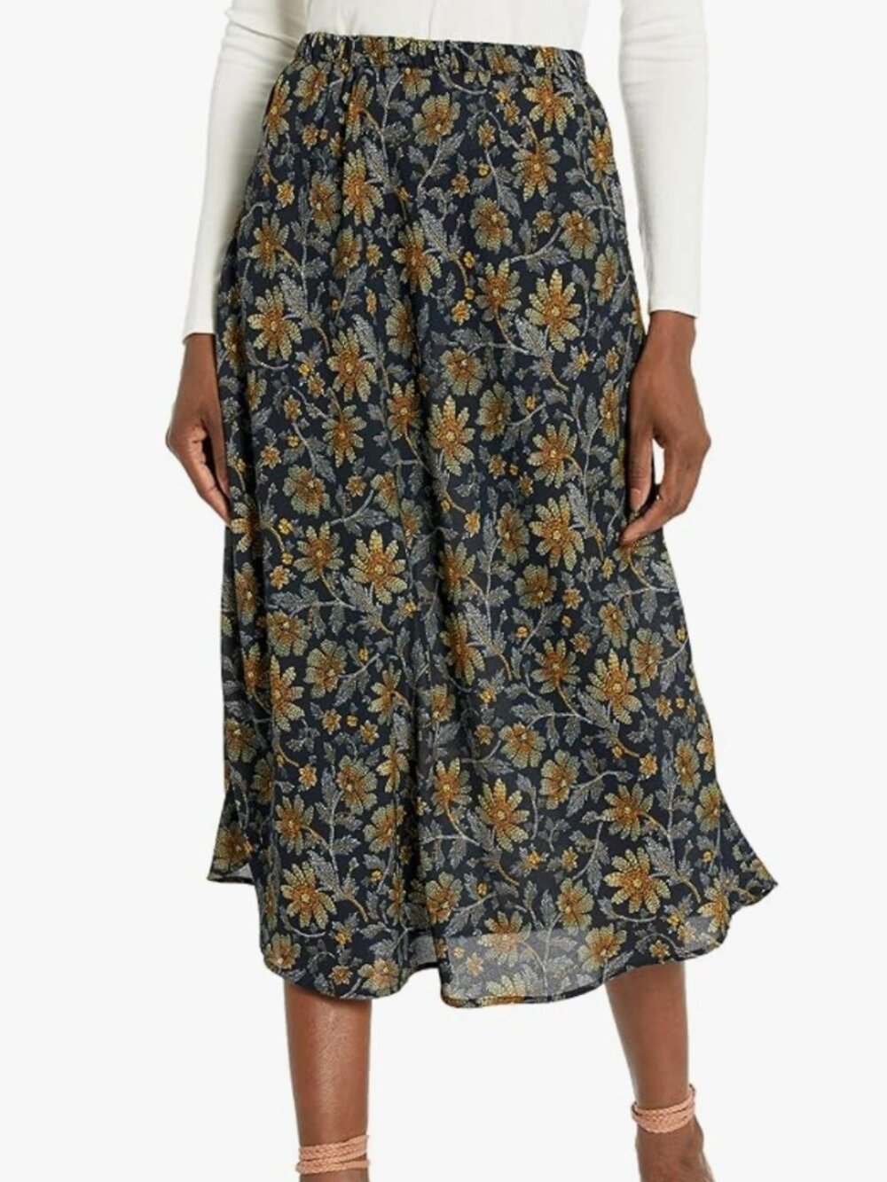 Tommy Hilfiger Floral Print Maxi Skirt Side Zip Mustard Yellow Navy Size 2